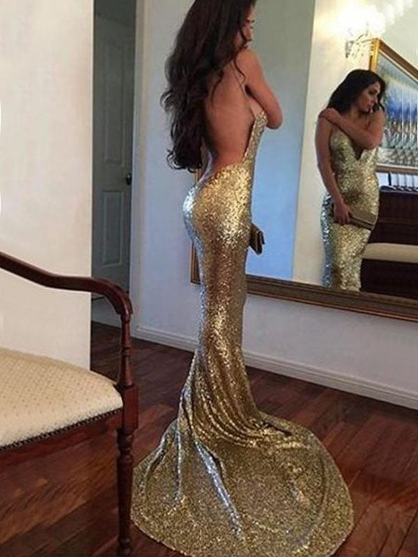 Gold Sequin Strapless Backless Mermaid Prom Dress – Modsele