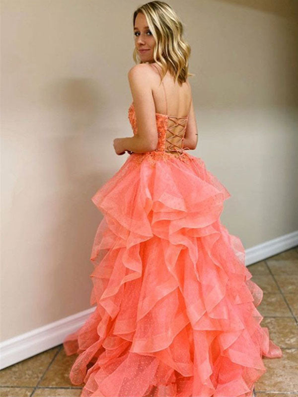Sexy Hot Pink Coral Spaghetti Strap Backless Lace Top Ruffle Long Prom Dress, PD3170