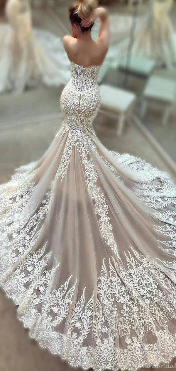 Sexy Luxury Strapless Sweetheart Mermaid Lace Long Train Wedding Dress AlineBridal Sexy Luxury Strapless Sweetheart Mermaid Lace Long Train Wedding Dress AlineBridal
