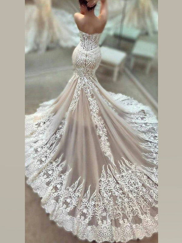 Sexy Luxury Strapless Sweetheart Mermaid Lace Long Train Wedding Dress, WD3045