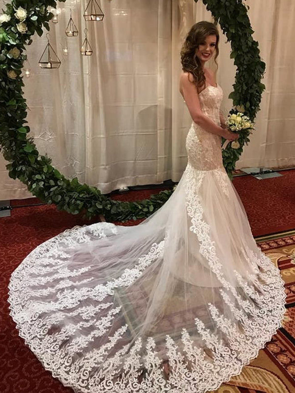 Sexy Luxury Strapless Sweetheart Mermaid Lace Long Train Wedding Dress, WD3045