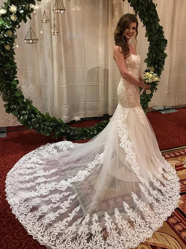 Sexy Luxury Strapless Sweetheart Mermaid Lace Long Train Wedding