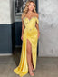 Sexy Off-shoulder Yellow Side-slit Mermaid Long Prom Dress, PD3384