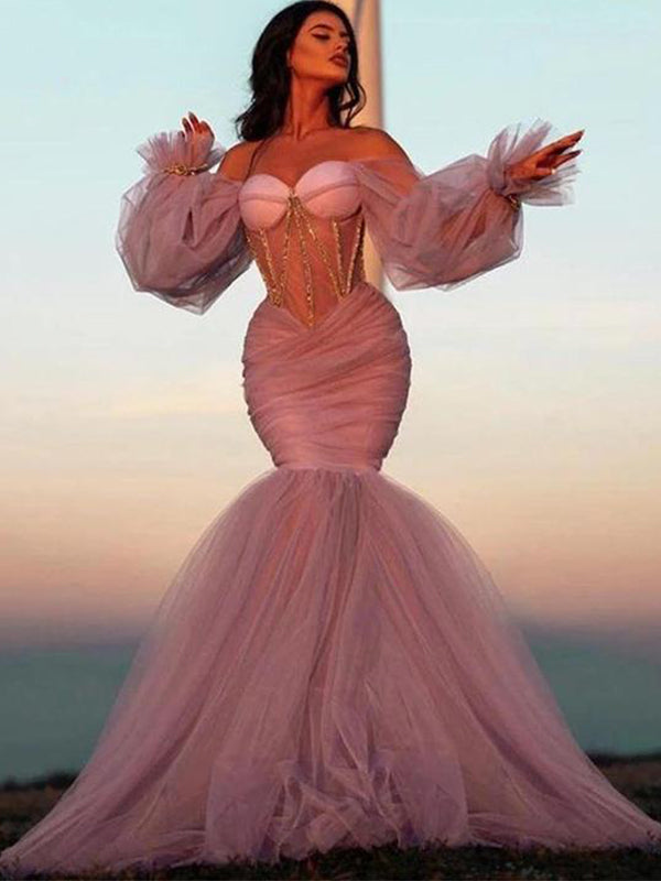 Sexy Pink Custom Corset Top Tulle Sweetheart Off-shoulder Long Prom Dr –  AlineBridal