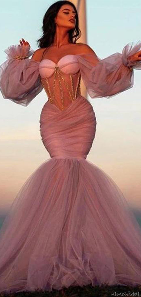 Sexy Pink Custom Corset Top Tulle Sweetheart Off-shoulder Long Prom Dress, PD3232