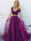 Sexy Purple V-neck Short Sleeves Two Piece Sparkly A-line Prom Dress, PD3307