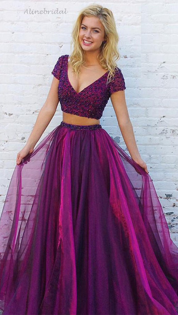 Sexy Purple V-neck Short Sleeves Two Piece Sparkly A-line Prom Dress, PD3307