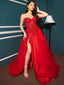 Sexy Red Strapless Sweetheart Lace Top Side-slit A-line Long Prom Dress, PD3383