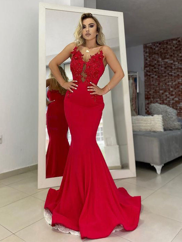 Mermaid Spaghetti Straps Bateau Neck Lace Long Tulle Prom Dress, PD1037