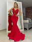 Sexy Red V-neck Lace Top Mermaid Trumpet Long Prom Dress, PD3208