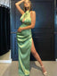 Sexy Sage Green Halter Hollow Side-slit Mermaid Long Prom Dress, PD3339
