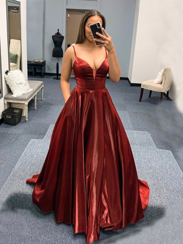 Elegant Red Satin Plunging V Neck Long Formal Dress - Promfy
