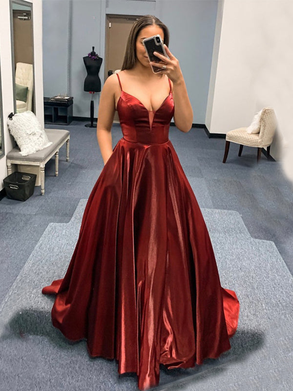Sexy Spaghetti Straps Shiny Dark Red A-line Long Prom Dress, PD3376 – AlineBridal Sexy Spaghetti Straps Shiny Dark Red A-line Long Prom Dress, PD3376 – AlineBridal