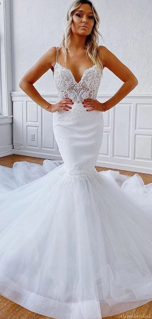 Sexy Spaghetti Strap V-neck Backless Lace Top Mermaid Trail Long Wedding Dress, WD3043