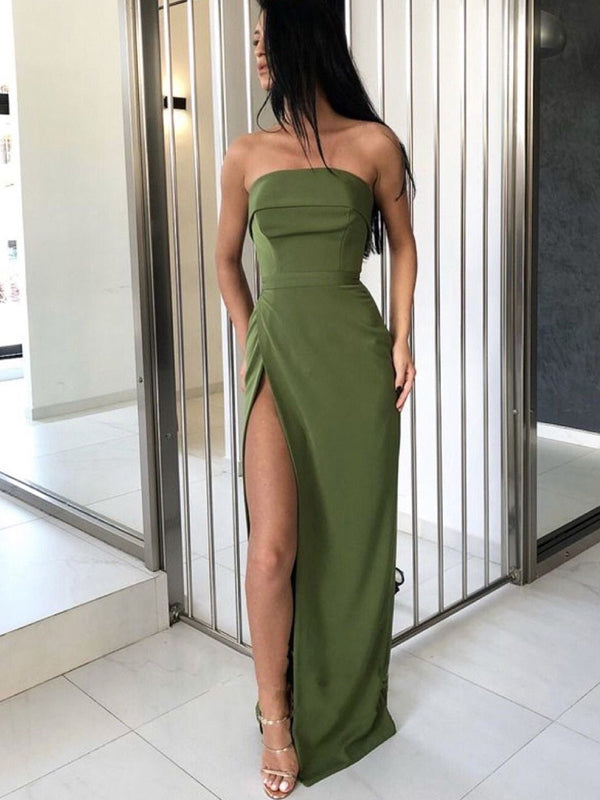Sexy Strapless Olive Sage Green Mermaid Side-slit Long Prom Bridesmaid AlineBridal Sexy Strapless Olive Sage Green Mermaid Side-slit Long Prom Bridesmaid AlineBridal