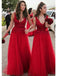Sexy V-neck Red Sleeveless A-line Tulle Long Bridesmaid Dress, BD3094