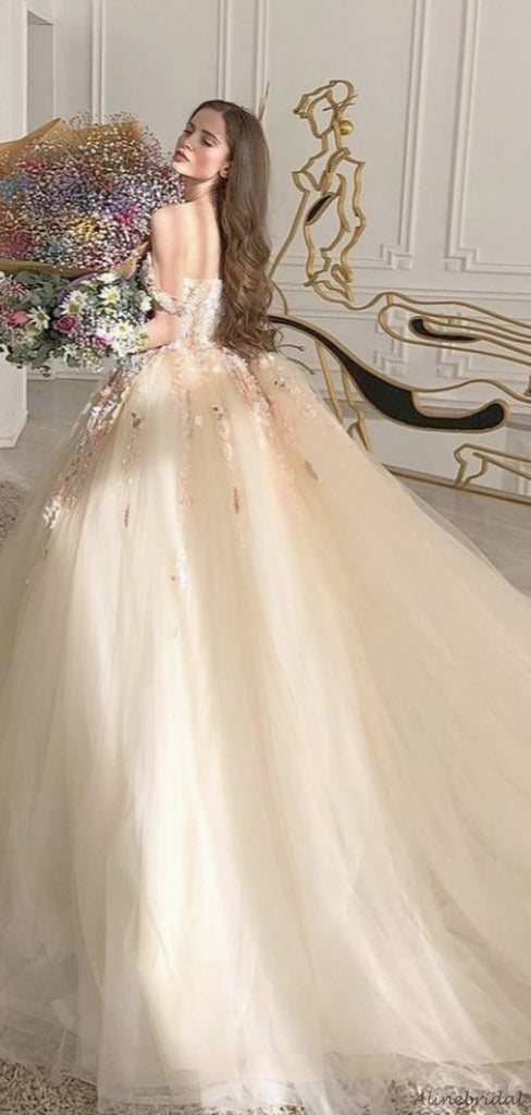 Beautiful Sweetheart Off-shoulder Floral Tulle A-line Prom Dress, PD3073