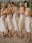 Sexy Champagne Spaghetti Strap Open Back Mermaid Cheap Midi Bridsmaid Dress, BD3005