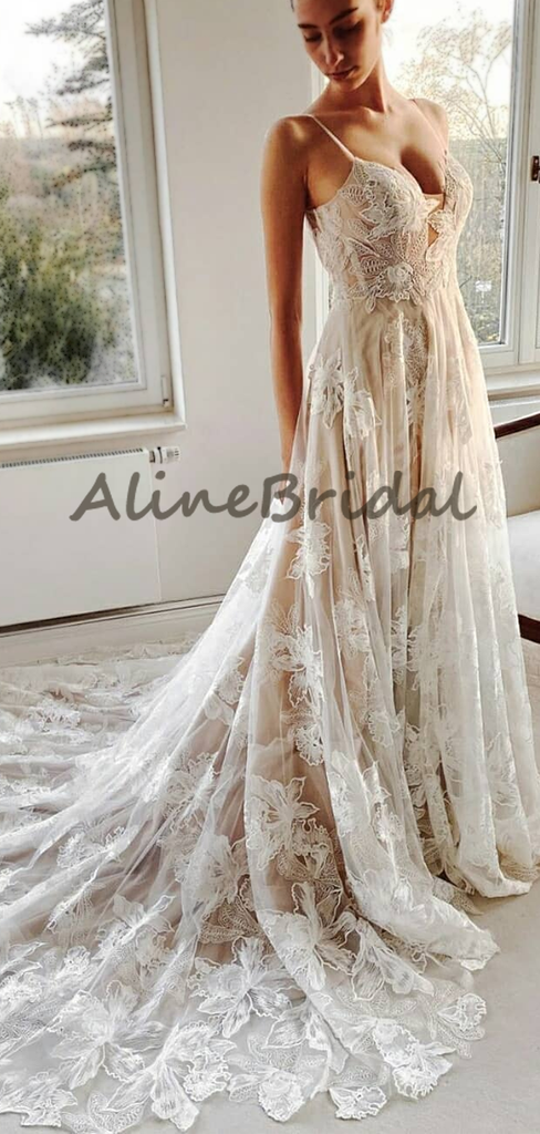 Charming Spaghetti Strap Sweetheart A-line Lace Long Wedding Dress, WD3014