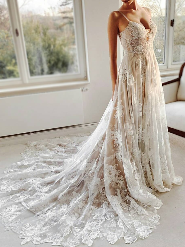 Elegant Floral Lace Spaghetti Straps A-line Wedding Dress, WD3014 AlineBridal Elegant Floral Lace Spaghetti Straps A-line Wedding Dress, WD3014 AlineBridal