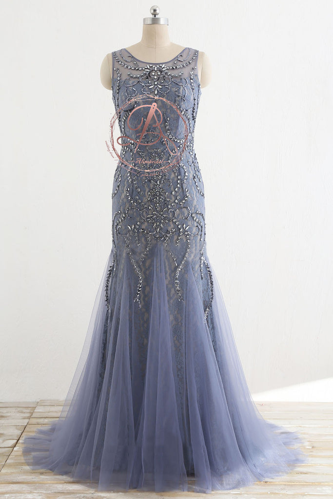 Stunning Lavender Tulle Beaded Lace Scoop Neck Sleeveless  Mermaid Prom Dresses,PD00064