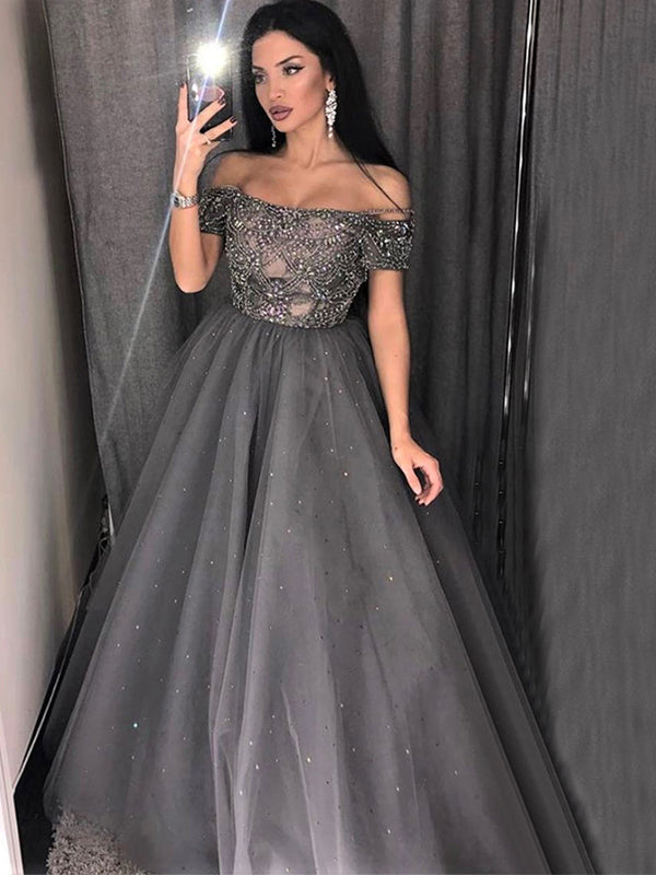 Sparkly Gray Off-shoulder Beads Top A-line Long Prom Dress, PD3347 AlineBridal Sparkly Gray Off-shoulder Beads Top A-line Long Prom Dress, PD3347 AlineBridal