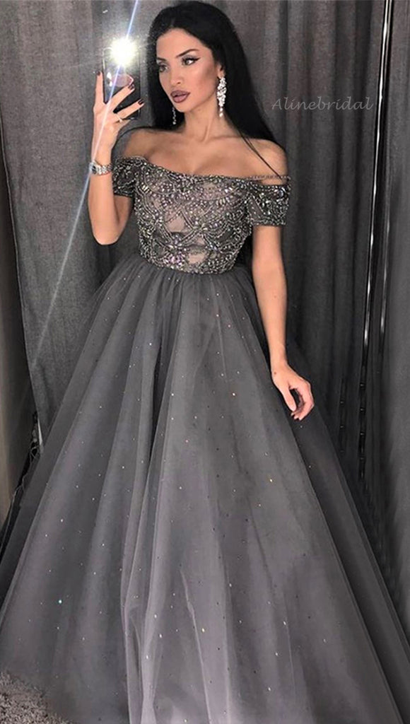 Sparkly Gray Off-shoulder Beads Top A-line Long Prom Dress, PD3347