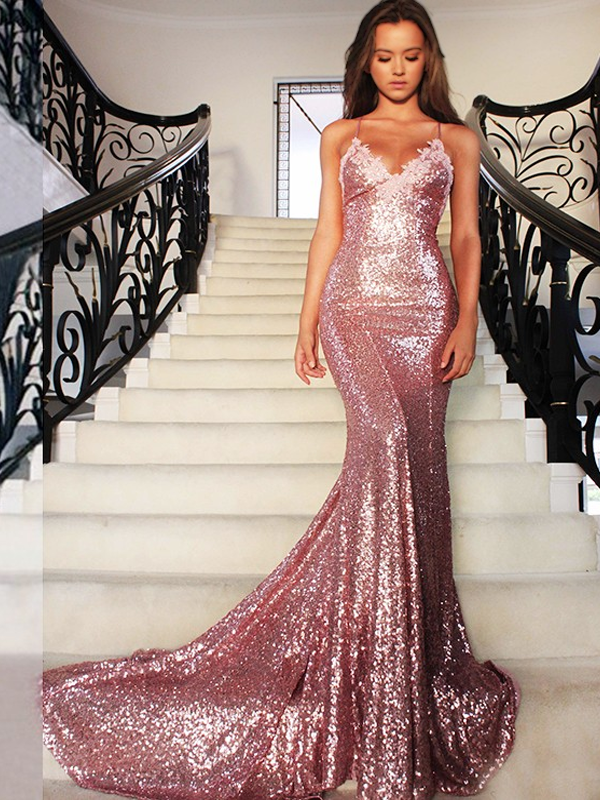 Sparkly Rose Spaghetti Strap Lace V-neck Sequin Mermaid Long Prom Dres AlineBridal Sparkly Rose Spaghetti Strap Lace V-neck Sequin Mermaid Long Prom Dres AlineBridal