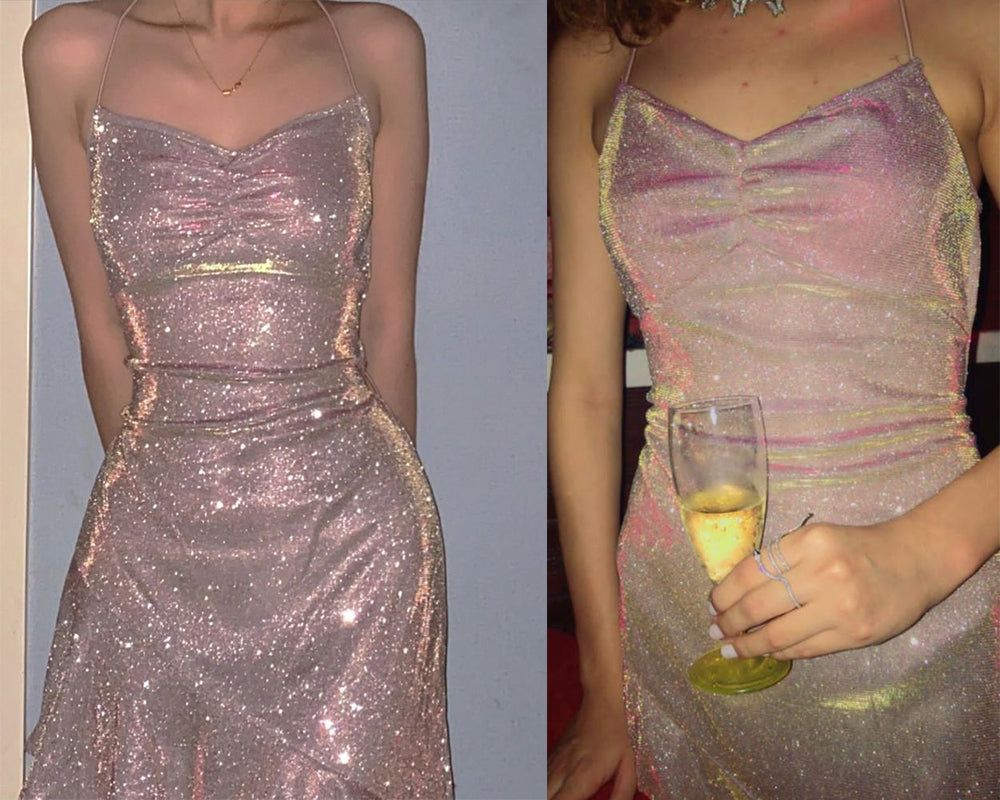 Sparkly Sexy Halter Pink Asymmetric Short Mermaid Prom Dress, PD3515