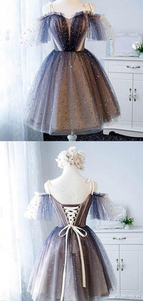 Sparkly Spaghetti Strap Off-shoulder Tulle A-line Ribbons Back Short Homecoming Dress, HD3067