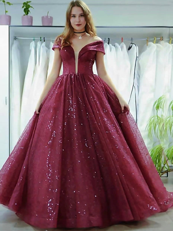 Sparkly Wine Red Off-shoulder Tulle A-line Long Prom Dress, PD3348 AlineBridal Sparkly Wine Red Off-shoulder Tulle A-line Long Prom Dress, PD3348 AlineBridal