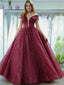 Sparkly Wine Red Off-shoulder Tulle A-line Long Prom Dress, PD3348