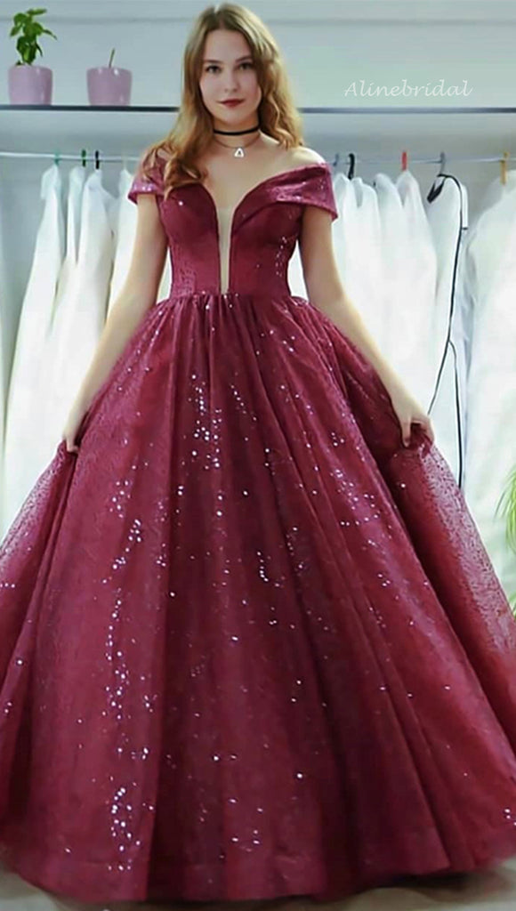 Sparkly Wine Red Off-shoulder Tulle A-line Long Prom Dress, PD3348