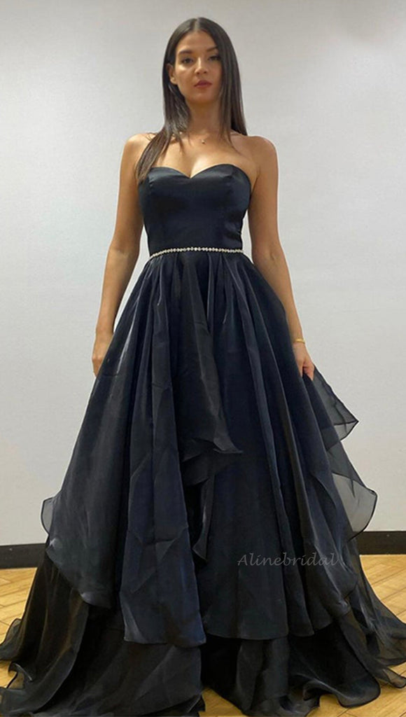 Strapless Sexy Black Sweetheart A-line Simple Long Prom Dress, PD3375
