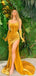 Stunning Shining Strapless Mustard Yellow Velvet Side Slit Mermaid Long Prom Dress, PD3117