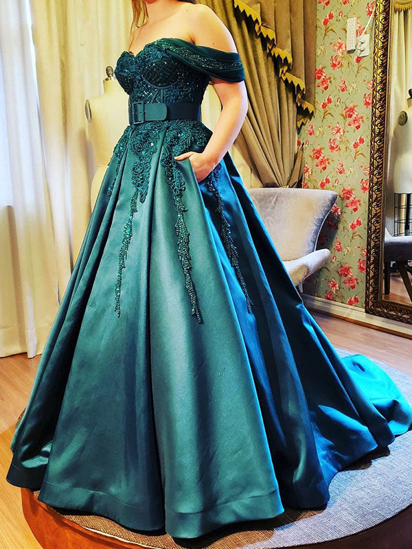 Off Shoulder Dark Green Lace Long Prom Dresses, Dark Green Lace