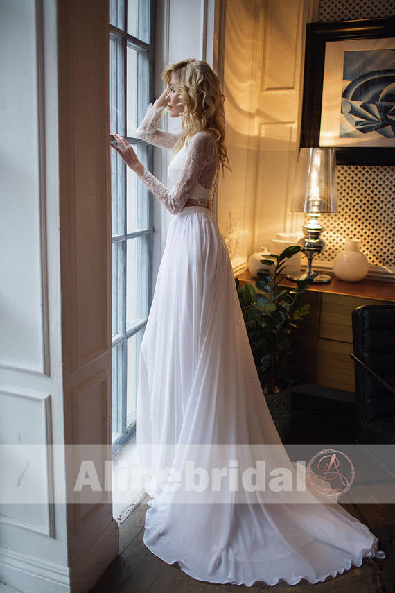 Fashion Two Piece Long Sleeves Lace Top Chiffon Beach Wedding Dresses, AlineBridal Fashion Two Piece Long Sleeves Lace Top Chiffon Beach Wedding Dresses, AlineBridal
