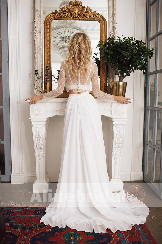 Fashion Two Piece Long Sleeves Lace Top Chiffon Beach Wedding Dresses, AlineBridal Fashion Two Piece Long Sleeves Lace Top Chiffon Beach Wedding Dresses, AlineBridal