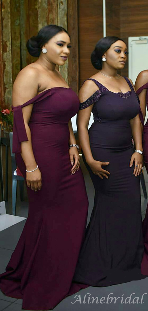 Two Style Mulberry Dark Purple Off-shoulder Mermaid Sleeveless Long Bridesmaid Dress, BD3071