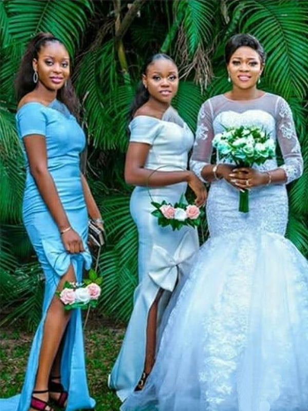 Unique Blue Sweetheart Side-slit Bow Tie Long Bridesmaid Dress, BD3166 AlineBridal Unique Blue Sweetheart Side-slit Bow Tie Long Bridesmaid Dress, BD3166 AlineBridal