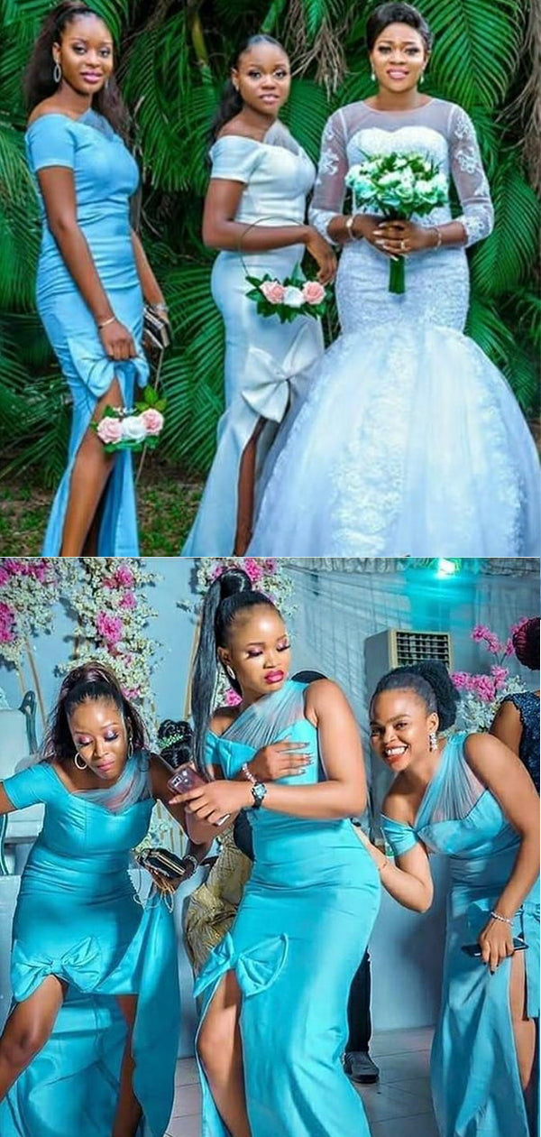 Unique Blue Sweetheart Side-slit Bow Tie Long Bridesmaid Dress, BD3166 AlineBridal Unique Blue Sweetheart Side-slit Bow Tie Long Bridesmaid Dress, BD3166 AlineBridal