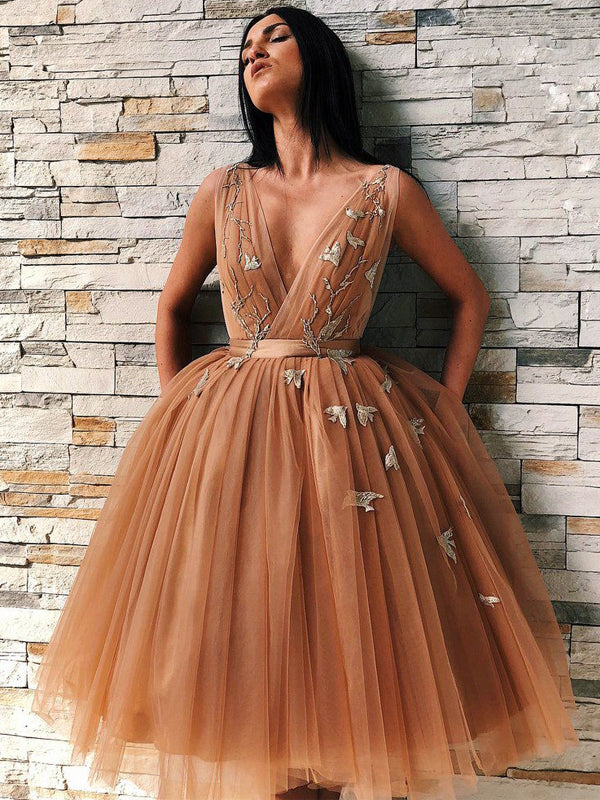 Sexy V-neck Nude Silver Apptique Tulle Midi Open Back Prom Dress, PD31 AlineBridal Sexy V-neck Nude Silver Apptique Tulle Midi Open Back Prom Dress, PD31 AlineBridal
