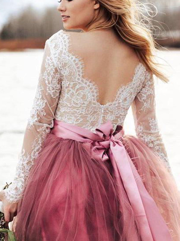 Mulberry Purple V-neck See-through Lace Top Tulle A-line Long Prom Dre AlineBridal Mulberry Purple V-neck See-through Lace Top Tulle A-line Long Prom Dre AlineBridal