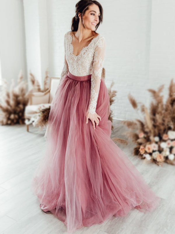 Mulberry Purple V-neck See-through Lace Top Tulle A-line Long Prom Dre AlineBridal Mulberry Purple V-neck See-through Lace Top Tulle A-line Long Prom Dre AlineBridal