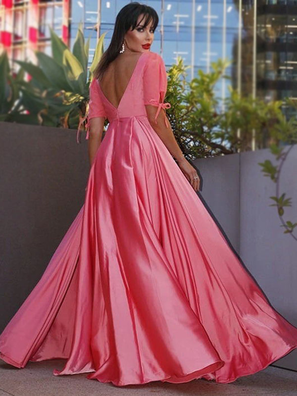 Vintage Hot Pink Half-sleeve Square Neck A-line Long Prom Dress, PD314 – AlineBridal
