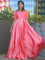 Vintage Hot Pink Half-sleeve Square Neck A-line Long Prom Dress, PD3148