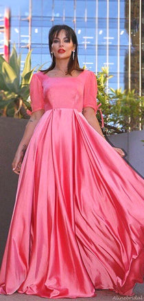 Vintage Hot Pink Half-sleeve Square Neck A-line Long Prom Dress, PD3148