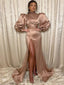 Vintage Mauve Turtle-neck Long-sleeve Side-slit Mermaid Long Prom Dress, PD3357