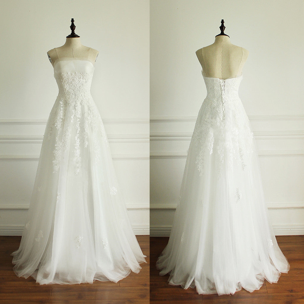 Long Generous Beach Wedding Pleating Tulle Straight Across A-line Appliques Lace Up Back  Wedding Dress, AB1097