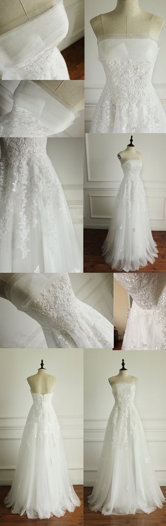 Long Generous Beach Wedding Pleating Tulle Straight Across A-line Appliques Lace Up Back  Wedding Dress, AB1097